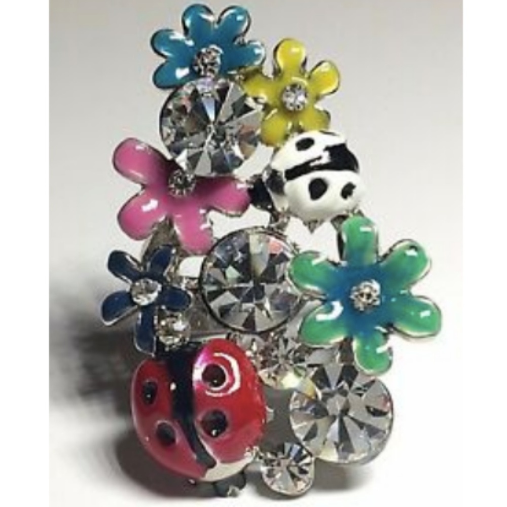 Silver Tone Ladybug Flower Cocktail Ring Size 6 7 8 Statement Enamel Insect